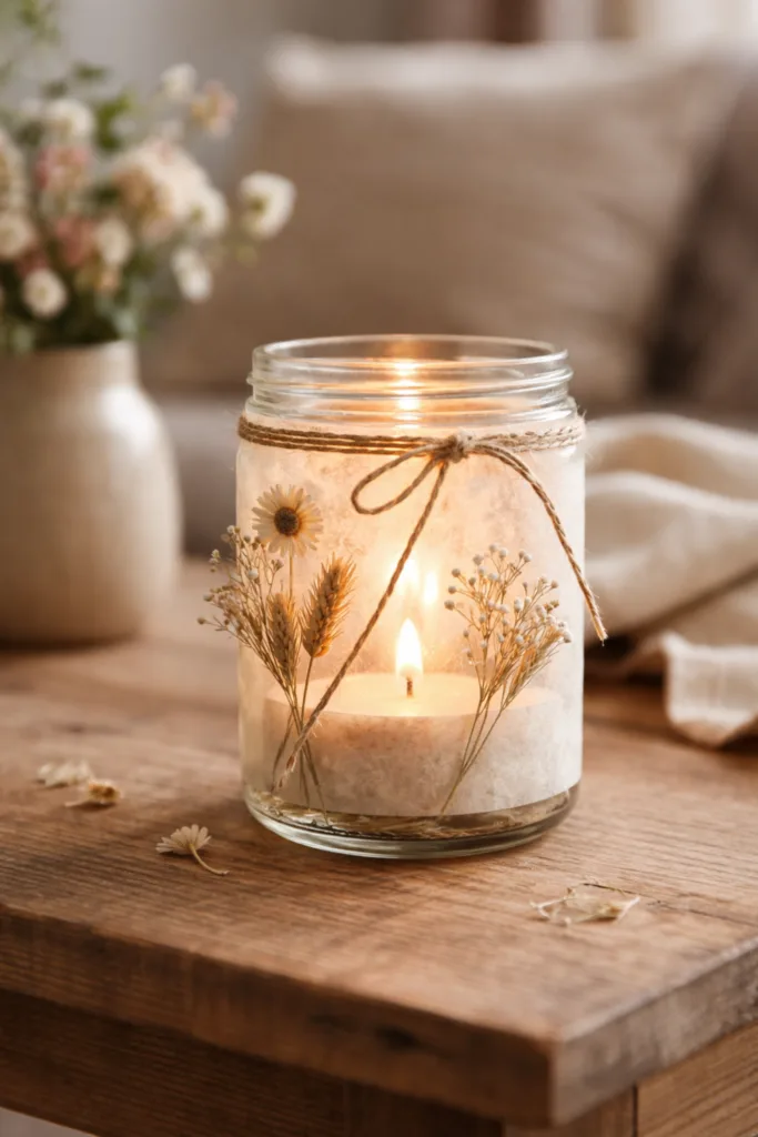 DIY Muttertagsdeko – 5 Ideen für eine persönliche Überraschung DIY Kerzenglas mit Trockenblumen und Struktur als stilvolle Muttertag Deko auf Holztisch