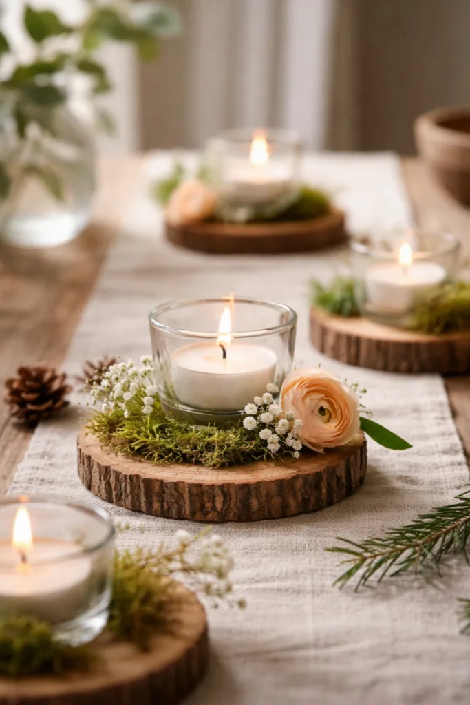 DIY Muttertagsdeko – 5 Ideen für eine persönliche Überraschung DIY Tischdeko mit Naturmaterialien aus Holz, Moos und Kerzen auf Leinentischläufer