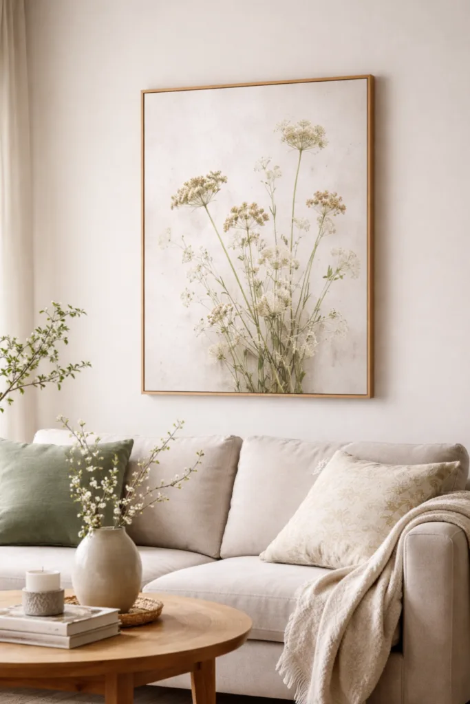 5 wunderschöne Ideen für deine April-Deko im kleinen Wohnzimmer Kleines Wohnzimmer im April mit großer Wanddeko über Sofa, ruhige moderne Gestaltung