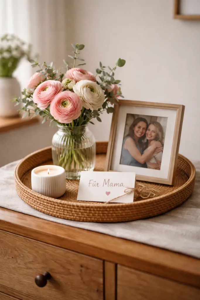 Muttertagsdeko Kommode mit Blumen, Foto und Tablett als ruhige Basis im Wohnzimmer