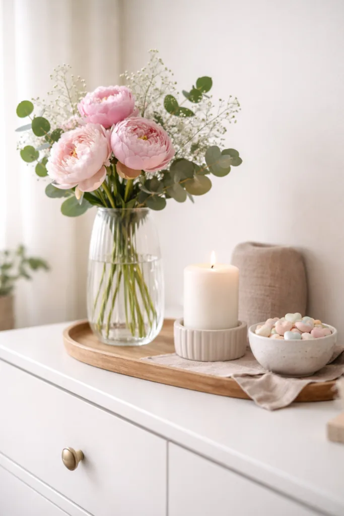 Muttertagsdeko Kommode mit Höhenstaffelung, Vase, Kerze und Tablett stilvoll kombiniert
