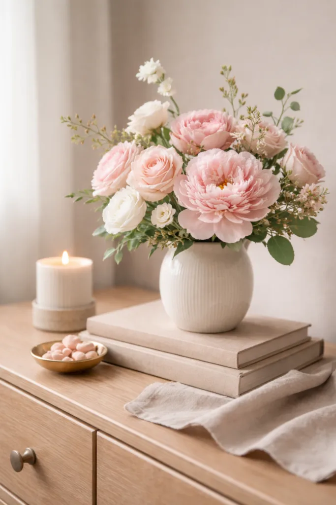 Muttertagsdeko Kommode mit Blumen, Vase und harmonischem Farbkonzept in Rosa und Creme