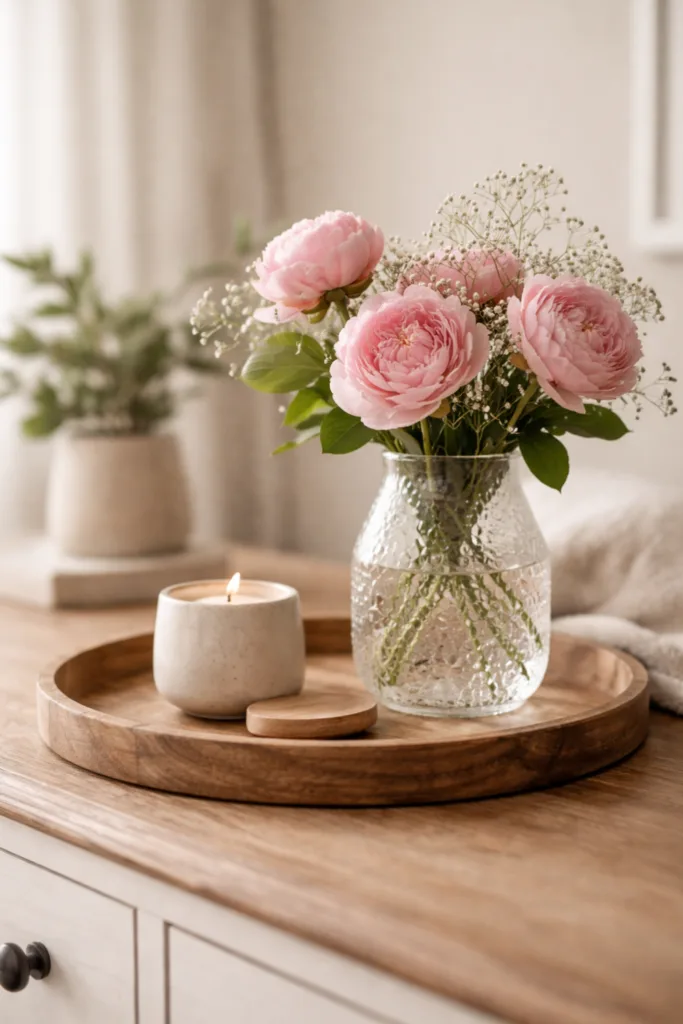 Muttertagsdeko Kommode mit Holztablett, Glasvase und Kerze harmonisch kombiniert