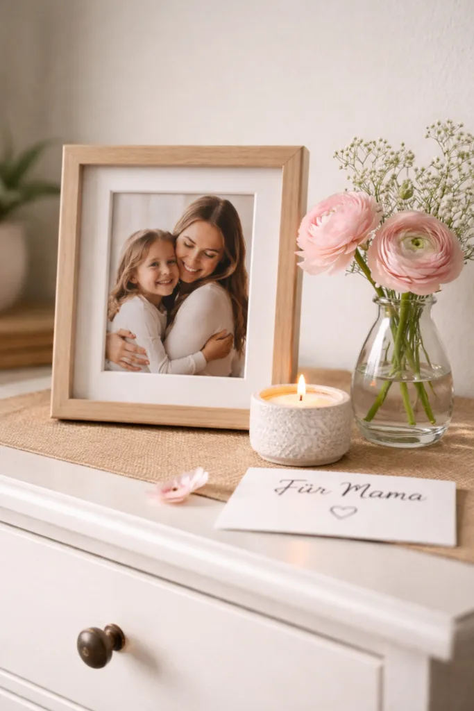 Muttertagsdeko Kommode mit Foto, Blumen und Kerze liebevoll dekoriert