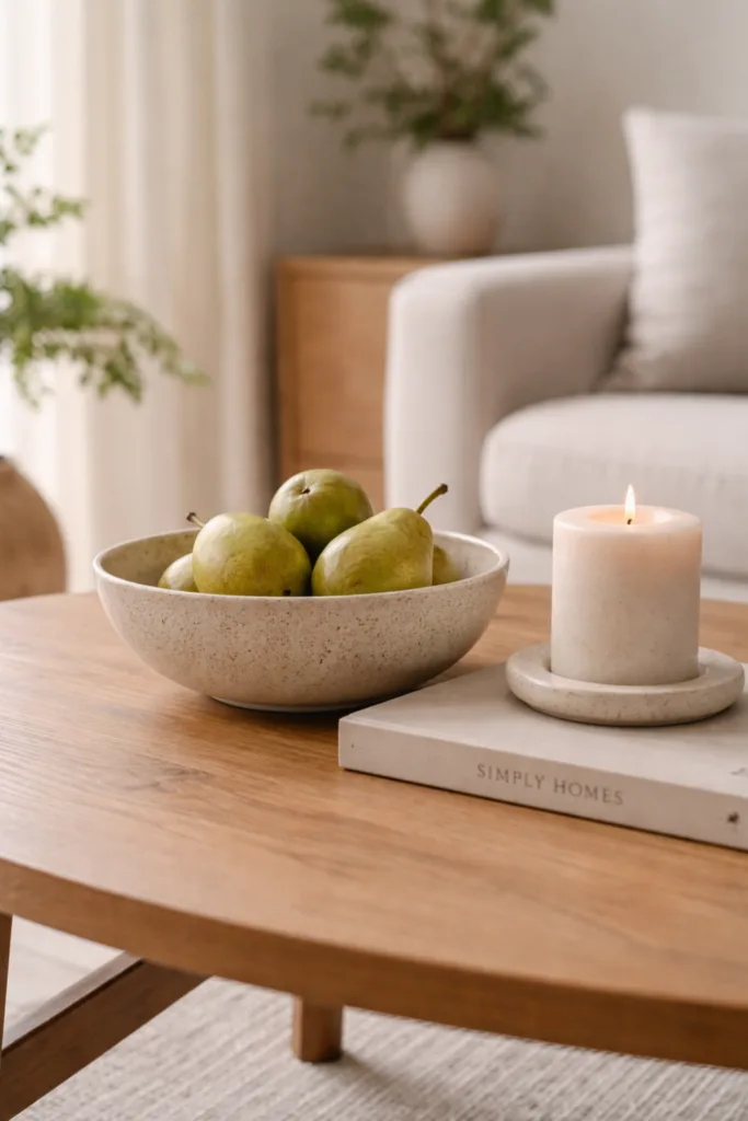 5 wunderschöne Ideen für deine April-Deko im kleinen Wohnzimmer Kleines Wohnzimmer Couchtisch minimalistisch dekoriert mit Schale, Kerze und Buch, funktionale Deko im April