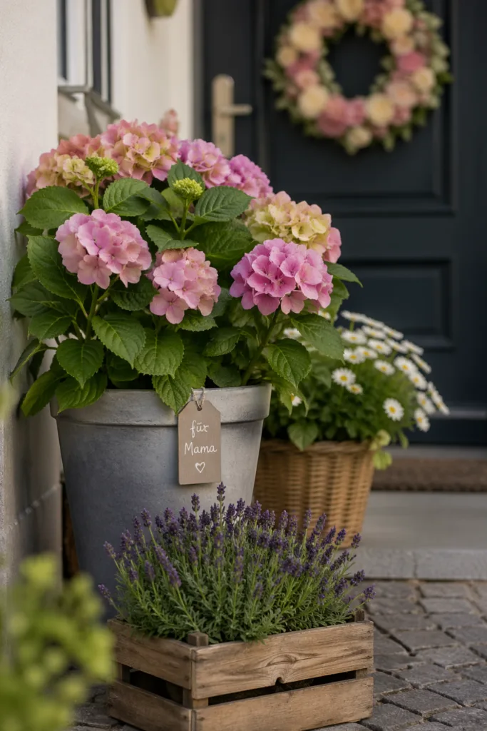 Muttertagsdeko Hauseingang mit Hortensien, Lavendel und persönlichem Anhänger im Blumentopf