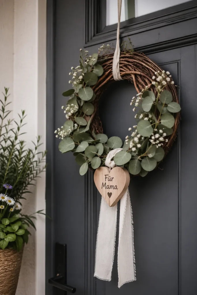 Muttertagsdeko am Hauseingang mit Türkranz, Eukalyptus und Holzschild „Für Mama“