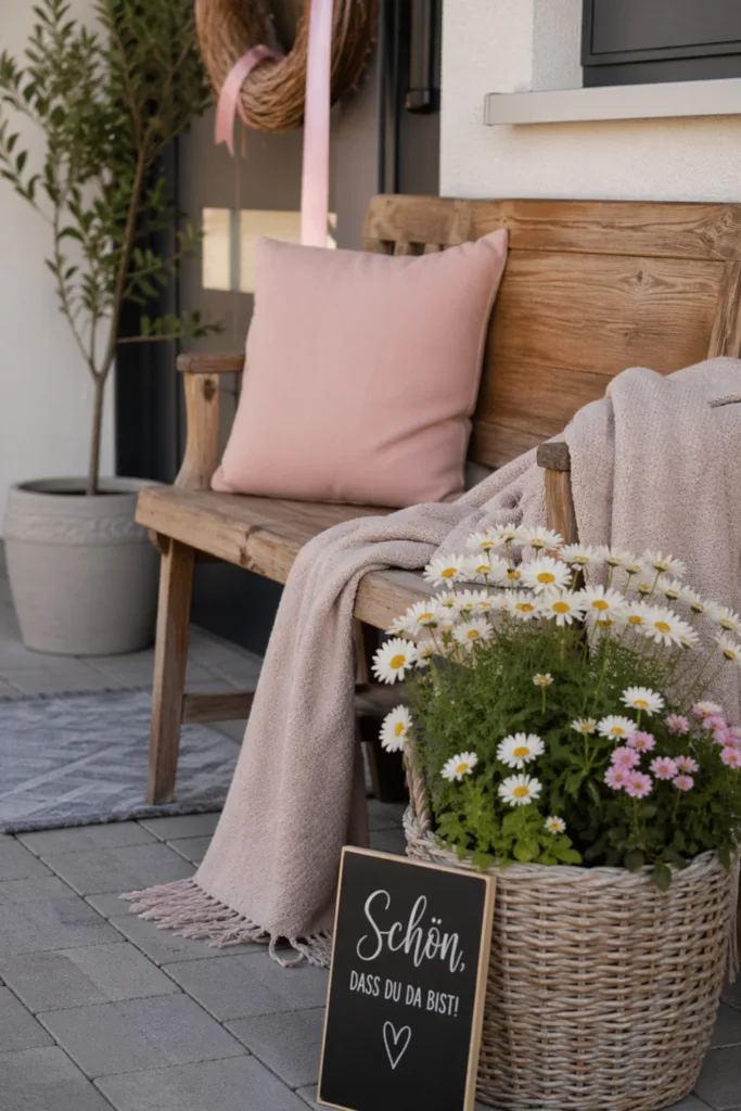 Muttertagsdeko am Hauseingang mit Sitzbank, Kissen, Decke und Blumen dekoriert