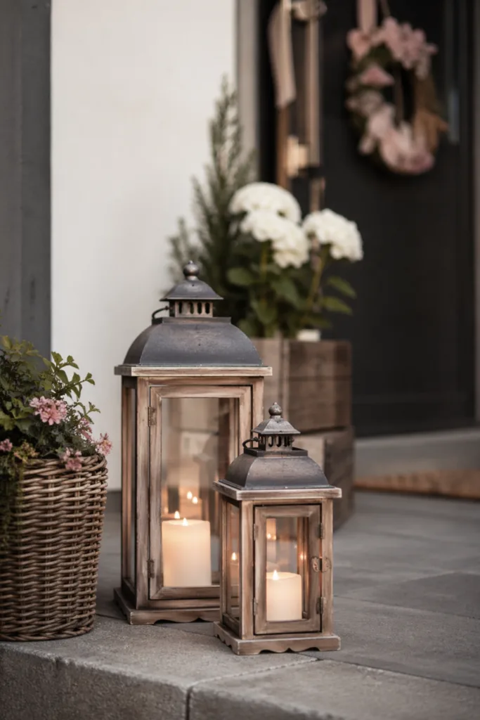 Muttertagsdeko am Hauseingang mit Laternen und warmem Licht für gemütliche Stimmung