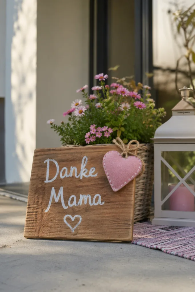 Muttertagsdeko am Hauseingang mit Holzschild „Danke Mama“, Blumen und Laterne in natürlicher Szene