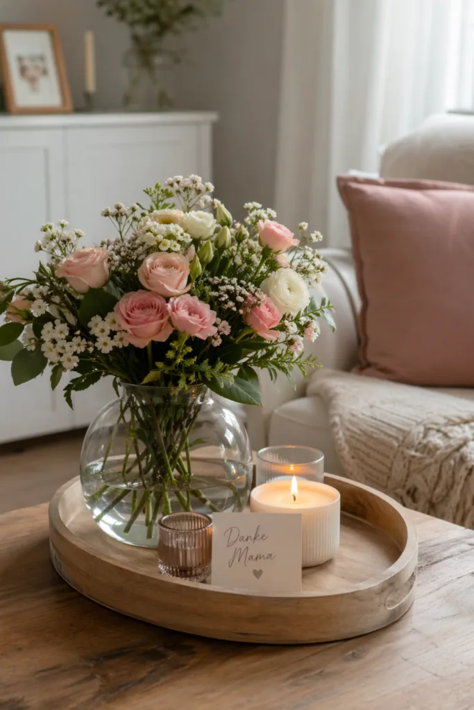 Muttertag Deko Wohnzimmer mit zentralem Tablett, Blumen, Kerzen und persönlicher Karte
