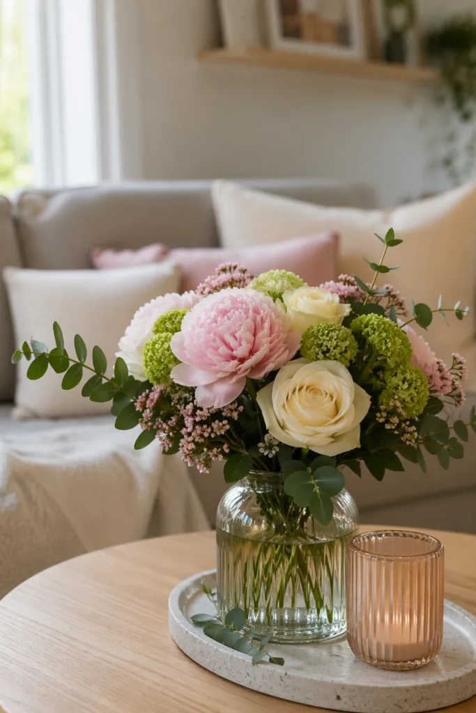Muttertag Wohnzimmer Deko mit harmonischen Farben, Blumenstrauß und Kerzen auf Tisch