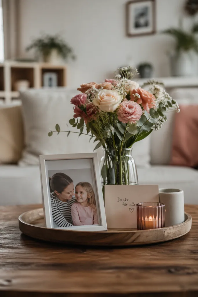 Muttertag Wohnzimmer Deko mit Foto, Blumen und persönlicher Note auf Couchtisch