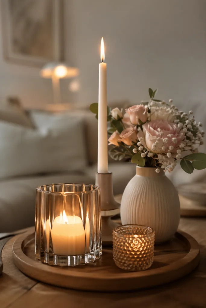 Muttertag Wohnzimmer Deko mit Kerzenlicht und Blumen auf Couchtisch, warme Atmosphäre und sanftes Licht