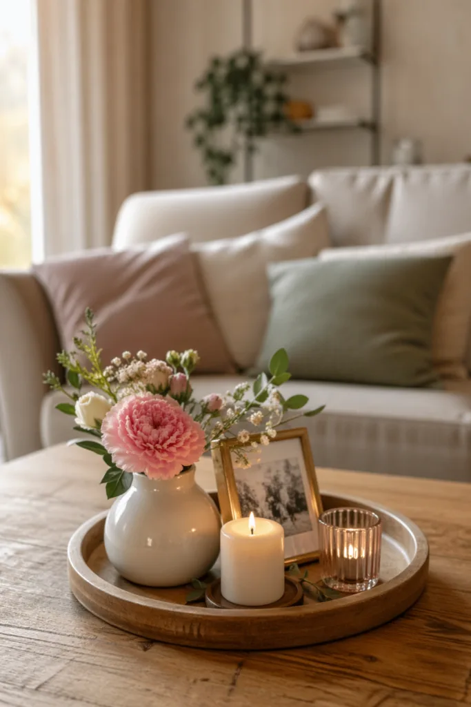 Muttertag Wohnzimmer Deko funktional, Couchtisch mit Blumen, Kerzen und Foto, ruhige Atmosphäre