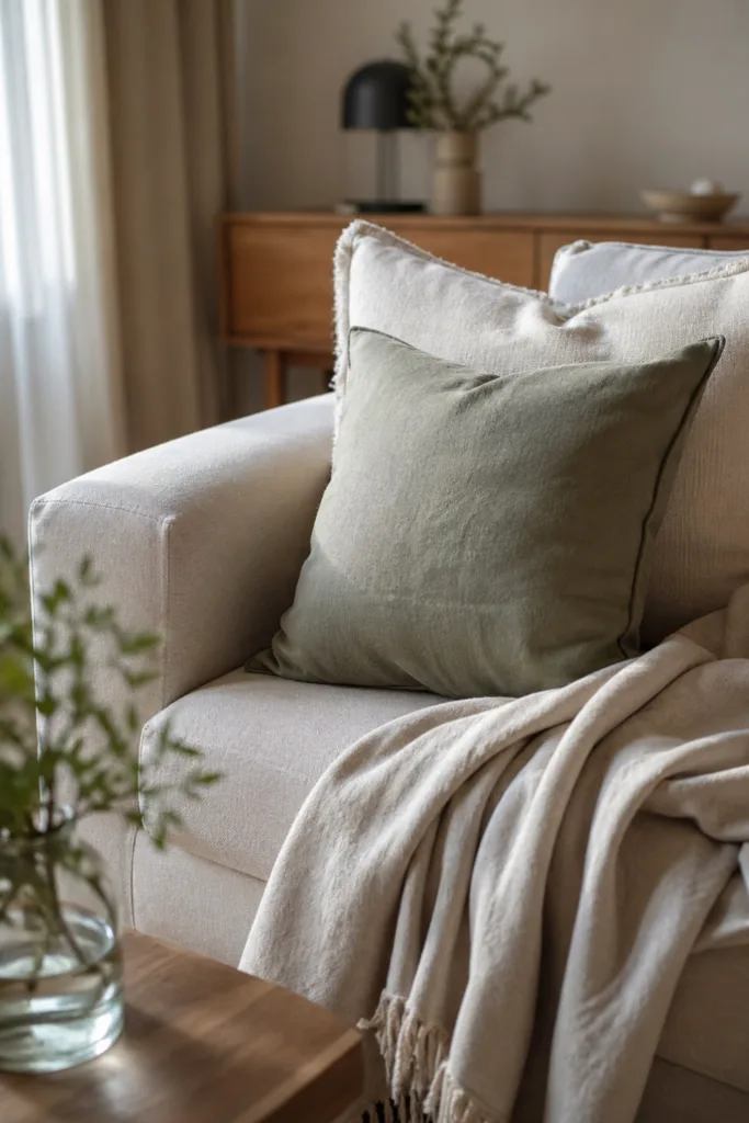Wohnzimmerdeko im Mai mit hellen Kissen und leichter Decke auf Sofa
