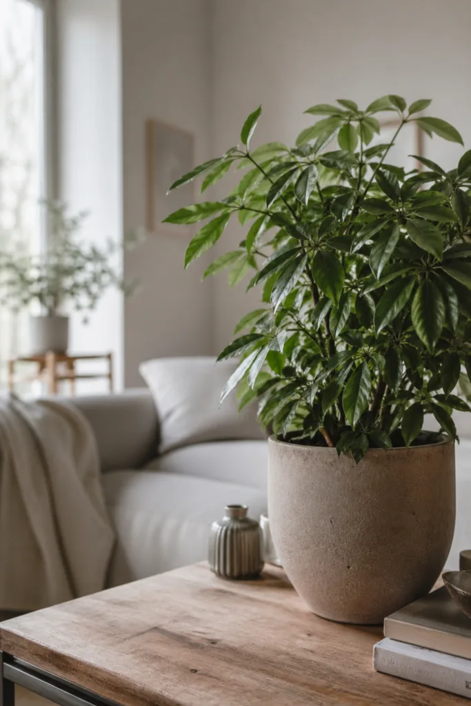 Wohnzimmerdeko im Mai mit großer Zimmerpflanze als natürliches Hauptelement im hellen Raum