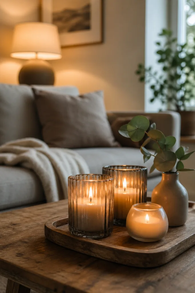 Wohnzimmerdeko im Mai mit Kerzenlicht, warmem Licht und gemütlicher Abendstimmung im Wohnzimmer