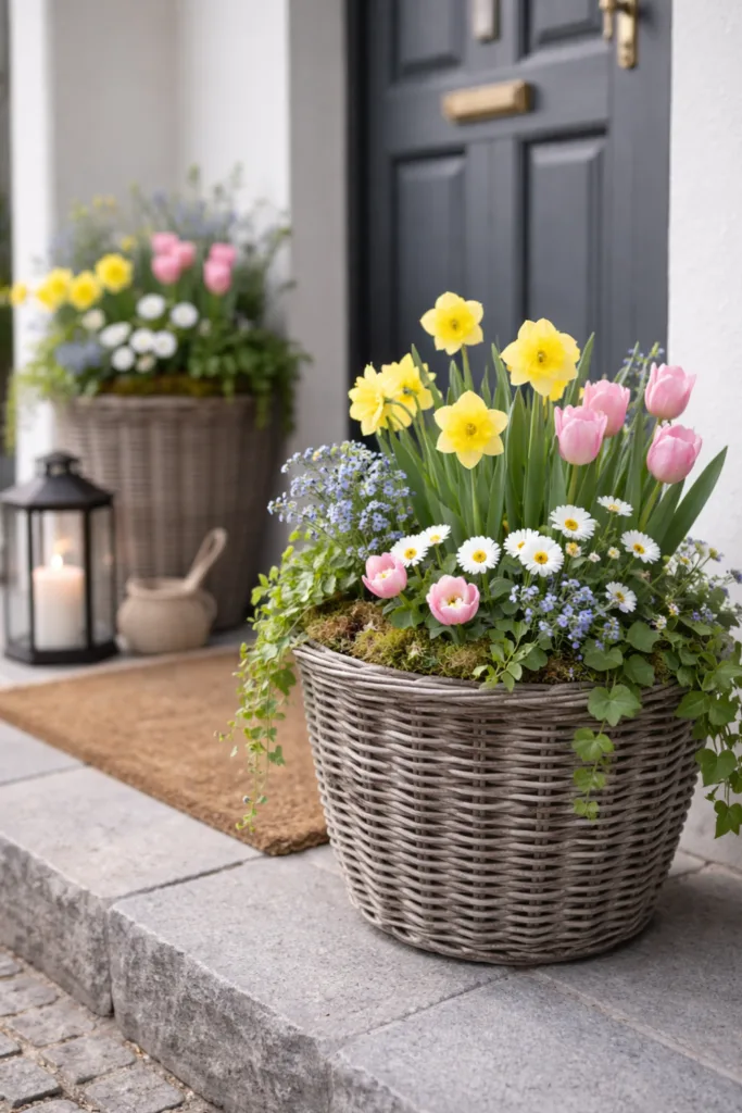 5 schöne Ideen für deine Frühlingsdeko an der Haustür im April Haustür Deko im April mit Pflanzkübeln und Frühblühern wie Tulpen und Narzissen stilvoll kombiniert