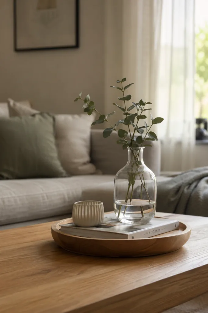 Wohnzimmerdeko im Mai mit reduziertem Couchtisch, Vase und natürlicher Gestaltung