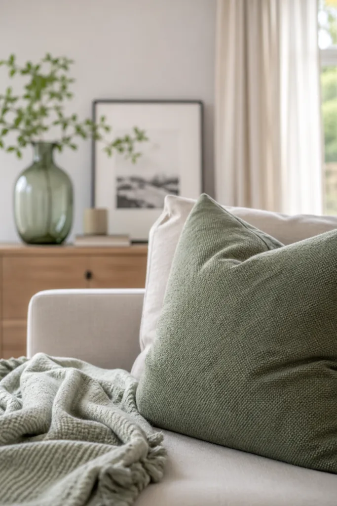 Wohnzimmerdeko im Mai mit sanften Farben, Sofa, Kissen und natürlichem Licht