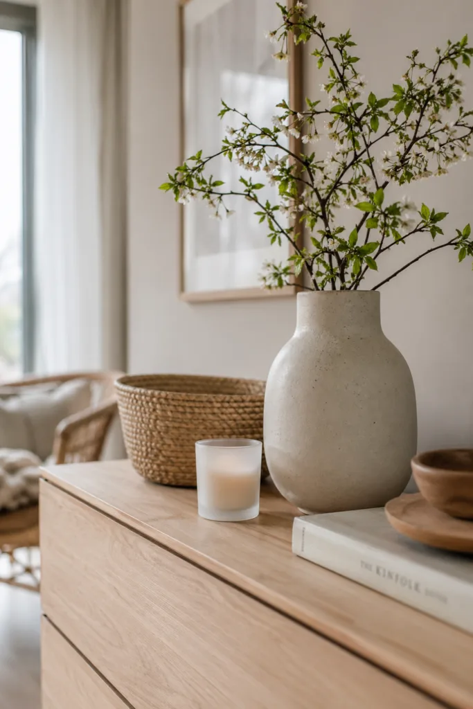 Kommode Deko im Mai mit Vase, Zweigen, Holz und Rattan im hellen Frühlingsstil