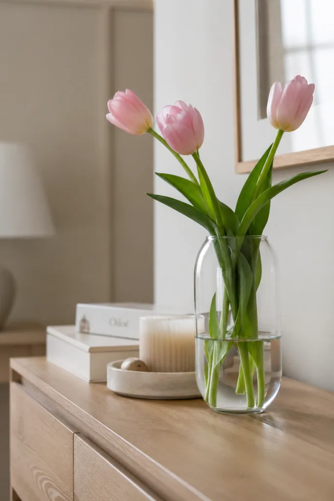Kommode Deko im Mai mit frischen Blumen in Vase auf Holzkommode im natürlichen Licht
