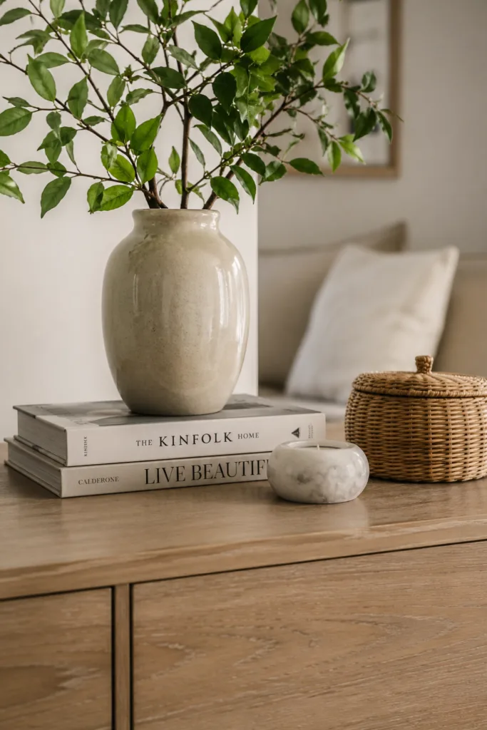 Kommode Deko im Mai mit Höhen und Ebenen, Vase auf Büchern, natürliche Frühlingsdeko stilvoll arrangiert