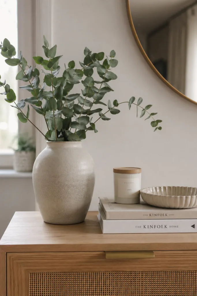 Kommode Deko im Mai mit harmonischem Farbkonzept, Vase, Holz und Naturtönen in ruhiger Anordnung