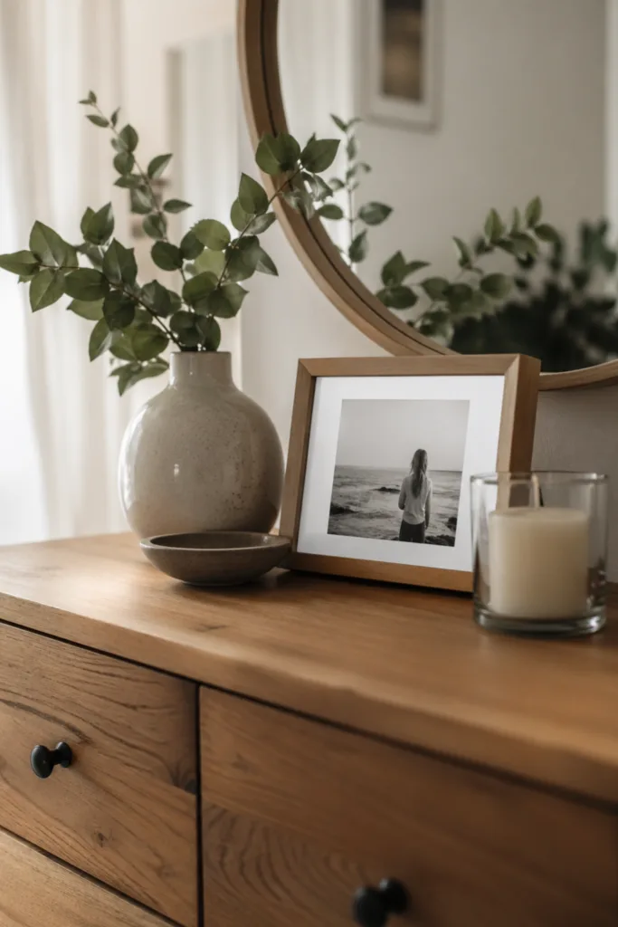 Kommode Deko im Mai mit Foto, Vase und natürlicher, reduzierter Gestaltung für ruhige Atmosphäre