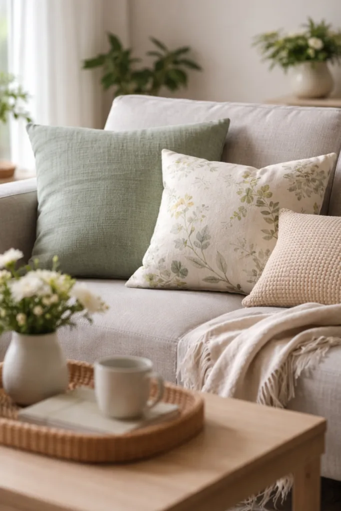 5 wunderschöne Ideen für deine April-Deko im kleinen Wohnzimmer Kleines Wohnzimmer im April mit hellen Kissen, leichter Decke und frischen Textilien auf Sofa