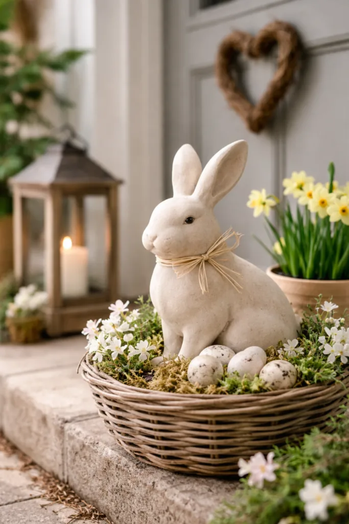 5 schöne Ideen für deine Frühlingsdeko an der Haustür im April Haustür Deko im April mit Keramikhase, Blumen und natürlicher Osterdeko stilvoll arrangiert
