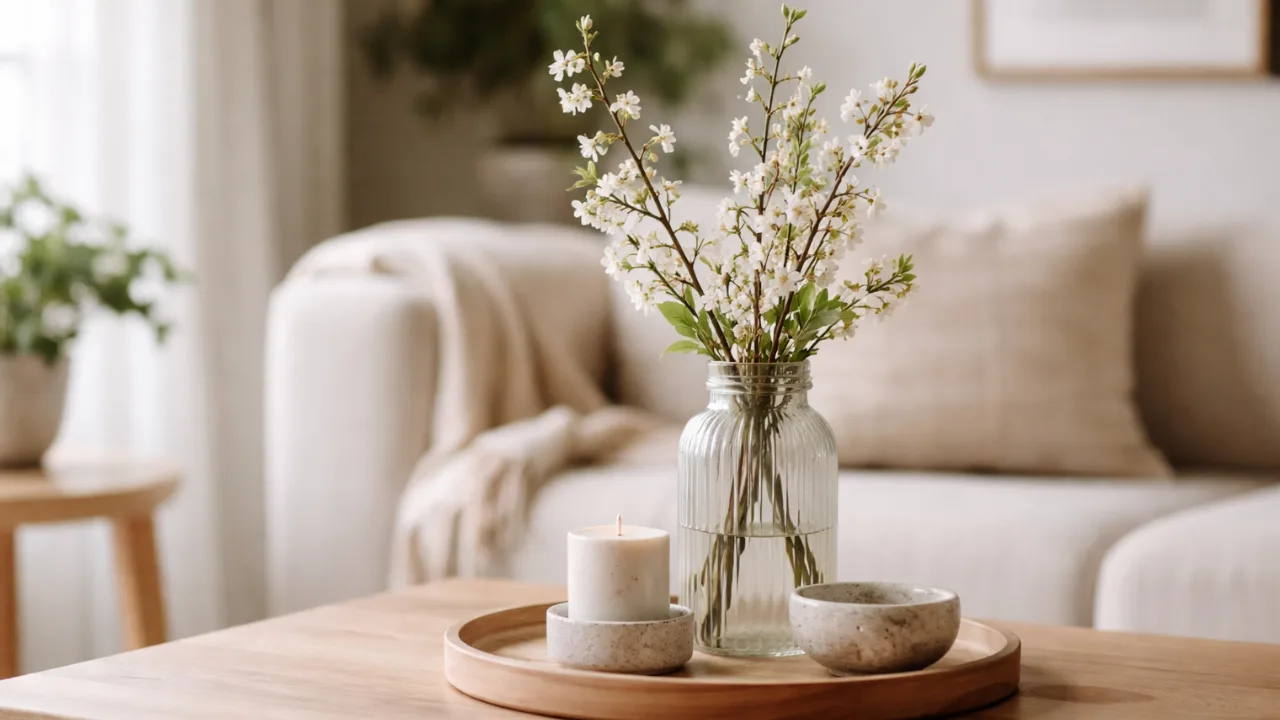 Couchtisch Deko im April mit Vase, Frühlingsblumen, Kerze und Holztablett im Wohnzimmer