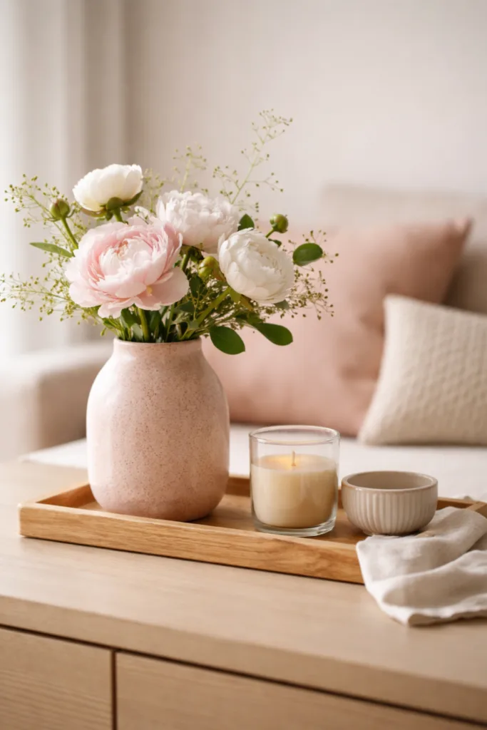Muttertagsdeko Sideboard mit Vase, Holztablett und Kerze in harmonischer Materialkombination