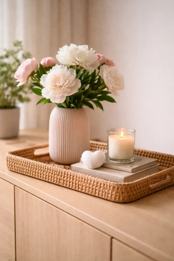 Muttertagsdeko Sideboard mit Tablett, Vase, Kerze und Blumen in harmonischer Anordnung