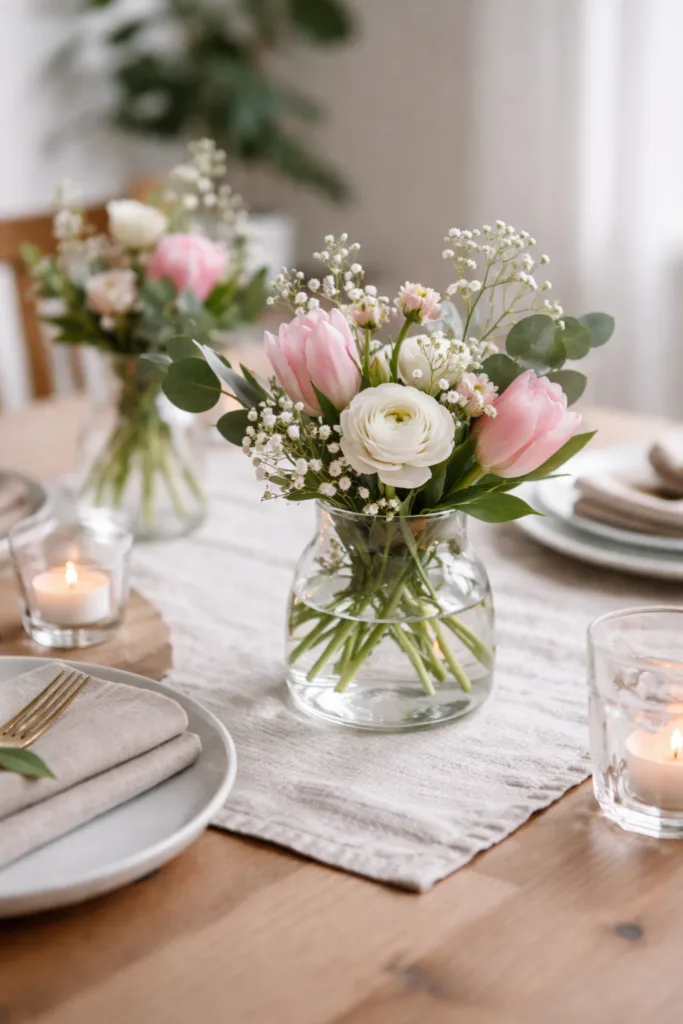 Natürliche Blumenarrangements strukturierte Muttertag Tischdeko mit kleinen Vasen und Tulpen