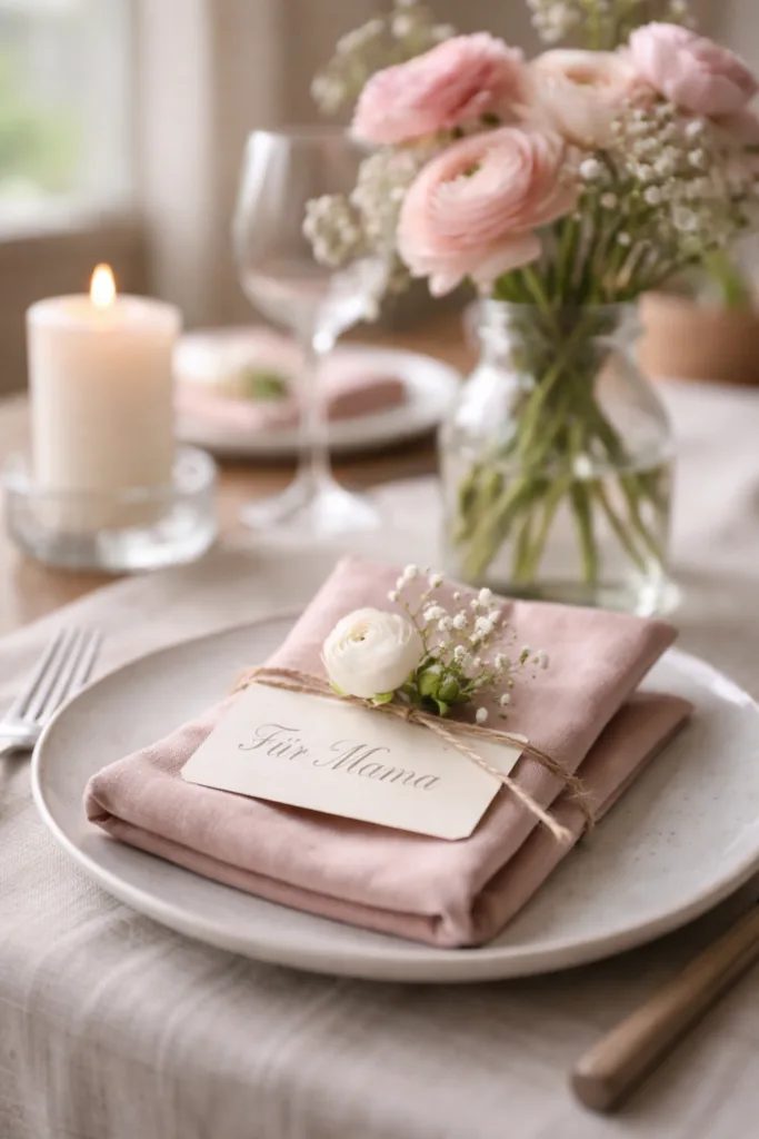 Muttertag Tischdeko mit persönlicher Karte, Blume und Serviette auf Teller stilvoll dekoriert