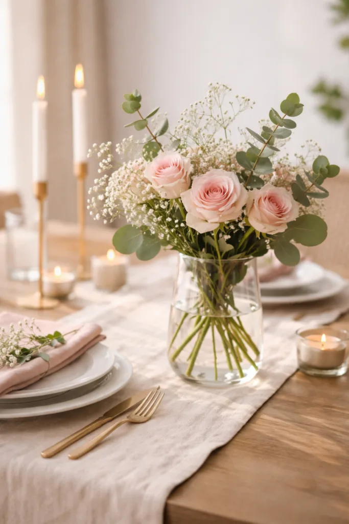 Muttertag Tischdeko mit Farbkonzept in Rosa Weiß und Grün, Blumen und Kerzen harmonisch kombiniert