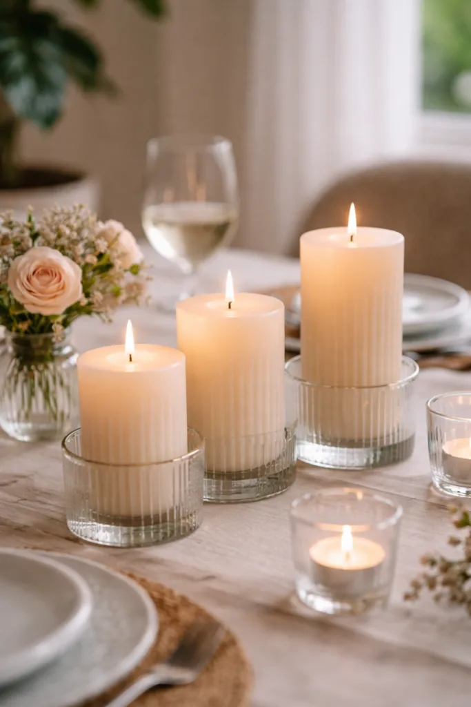 Kerzen und Licht bei Muttertag Tischdeko mit warmem, natürlichem Ambiente auf gedecktem Tisch