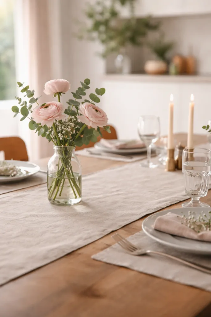 Muttertag Tischdeko mit freier Tischmitte, Blumen und Kerzen in ruhiger Anordnung