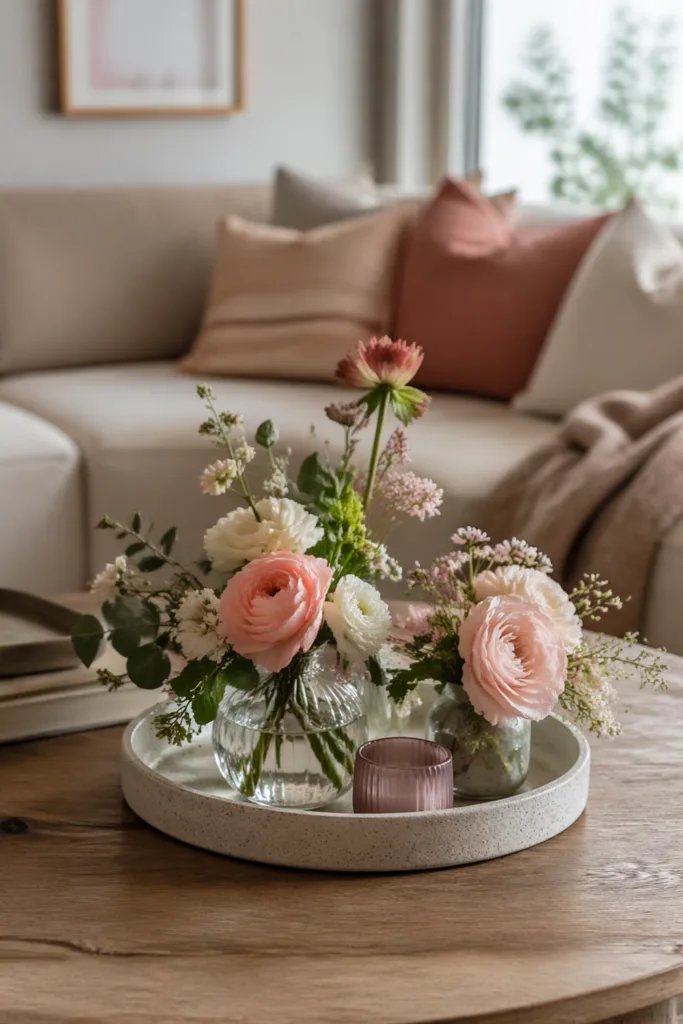 Muttertagsdeko für den Couchtisch mit Blumeninsel aus kleinen Vasen in sanften Farben auf Tablett