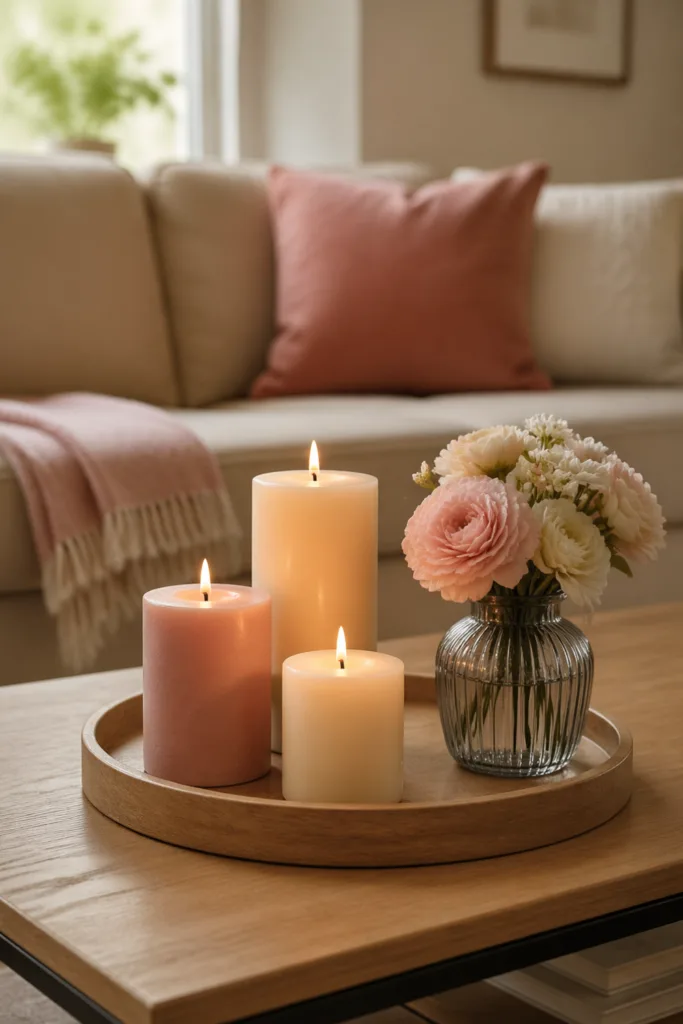 Muttertagsdeko Couchtisch mit Materialmix aus Holz, Glas und Kerzen in ruhiger Anordnung