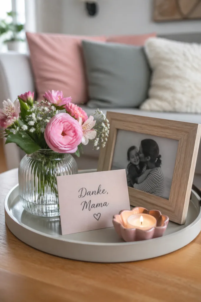 Muttertagsdeko Couchtisch mit Foto, Blumen und Kerze in harmonischer Anordnung