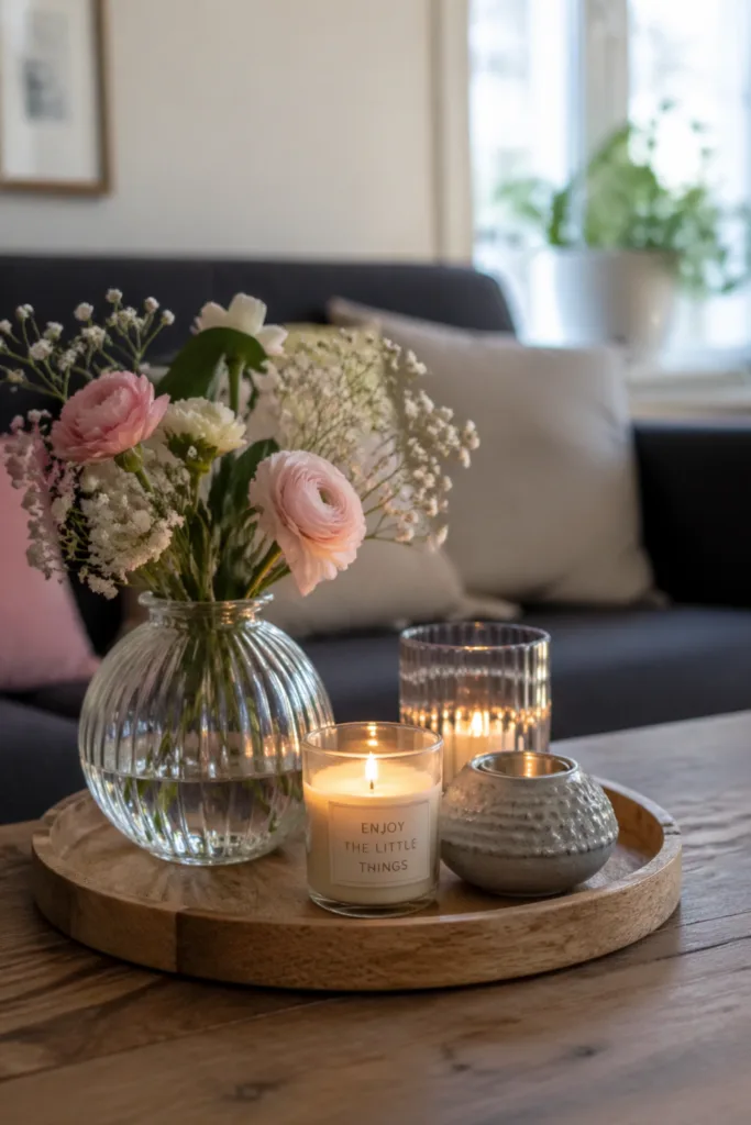 Muttertagsdeko Couchtisch mit Tablett, Kerzen und Blumen sorgt für strukturierte Ordnung und ruhige Atmosphäre