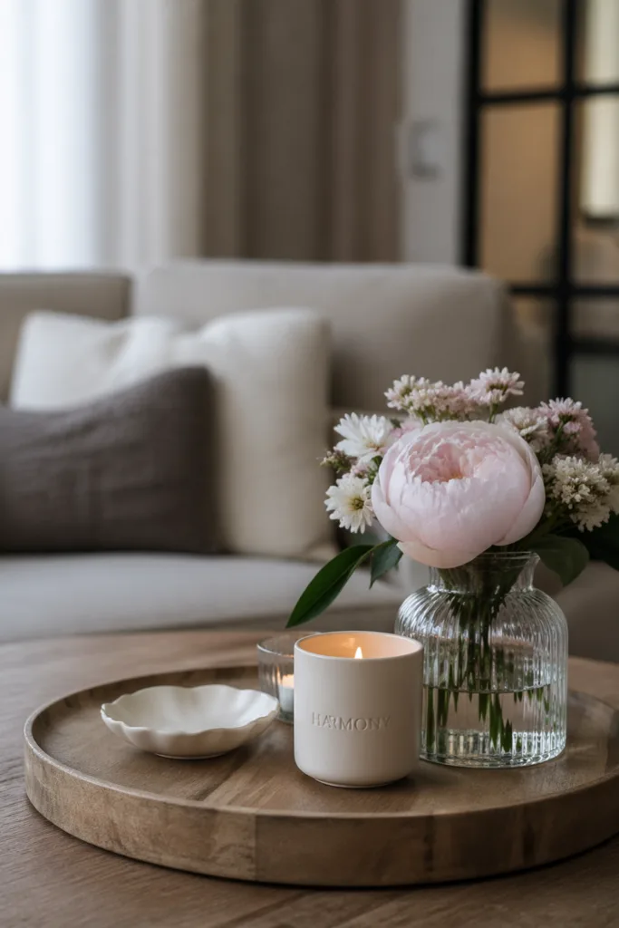 Muttertagsdeko Couchtisch mit Materialmix aus Holz, Glas und Kerzen, ruhige stilvolle Wohnatmosphäre