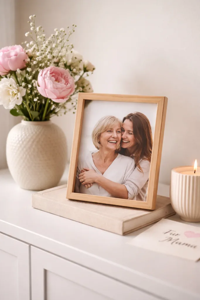 Muttertagsdeko Sideboard mit Foto, Blumen und Kerze, persönlich dekoriert