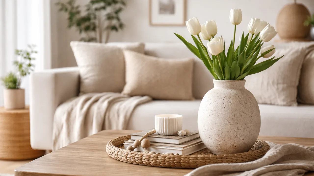 Wohnzimmer Deko im April mit Tulpen, Holztablett und hellen Textilien im modernen Frühlingsstil