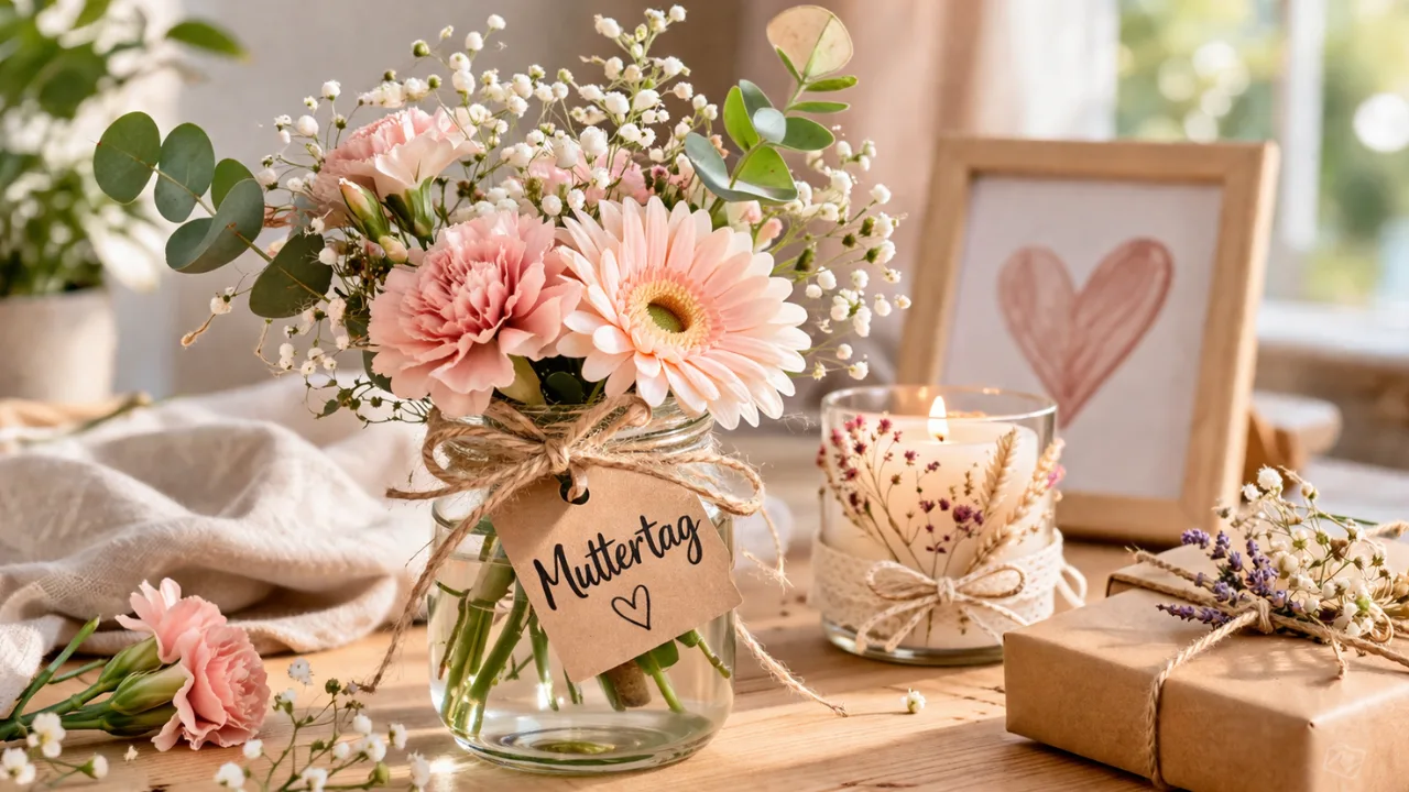 DIY Muttertag Deko mit Blumen im Glas, Kerze und Geschenk auf Holztisch in warmem Licht