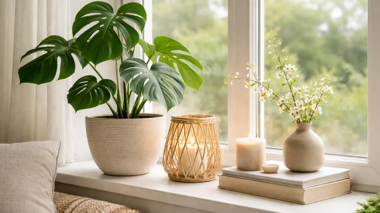 Muttertagsdeko große Fenster mit Vorhängen und weichen Stoffen im Tageslicht