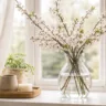 Fensterdeko im April mit Kirschblüten, Glasvase und hellem Vorhang im natürlichen Tageslicht